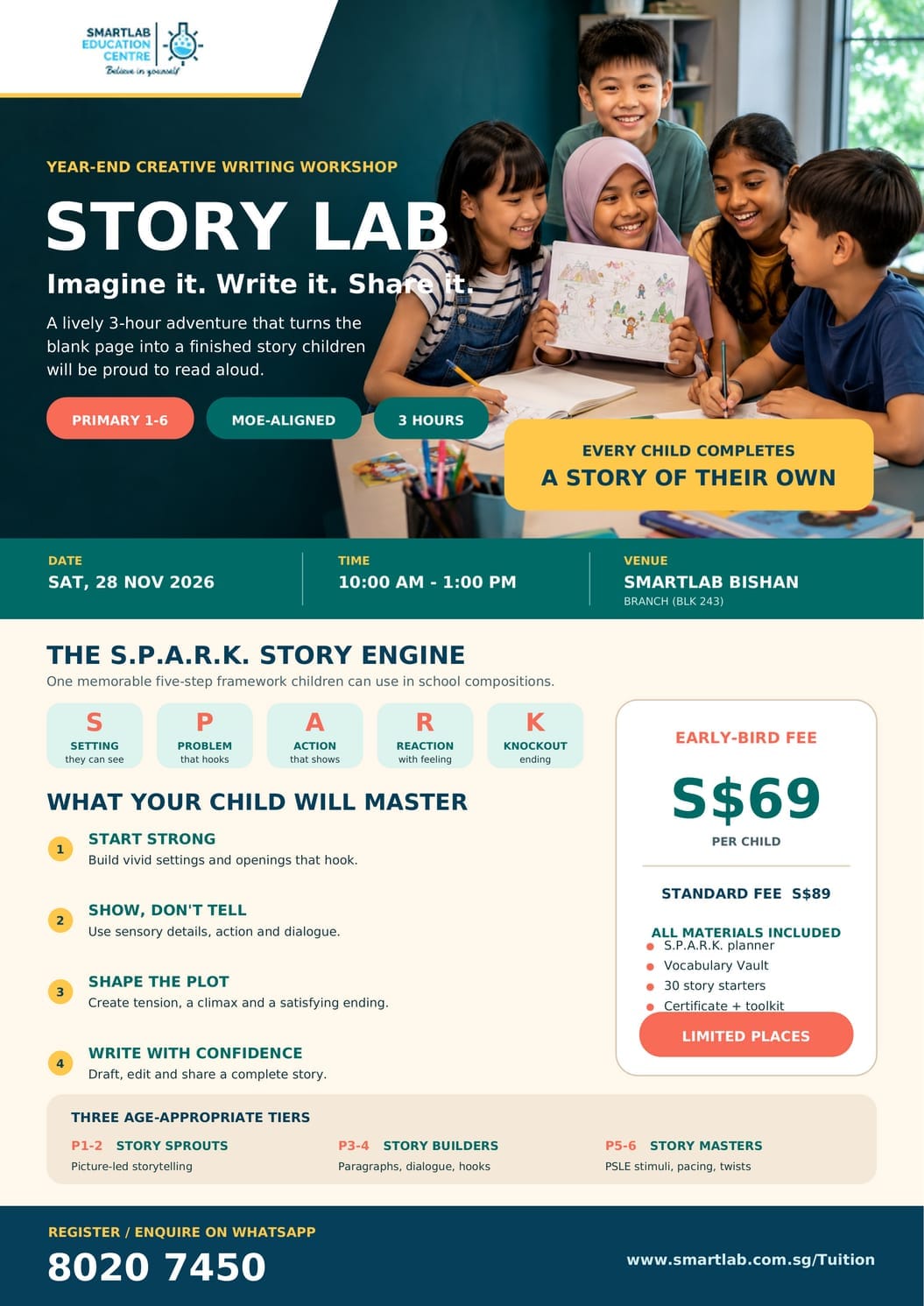  SmartLab Bishan featuring a 3-hour Story Lab creative writing workshop for Primary 1–6 students in Singapore