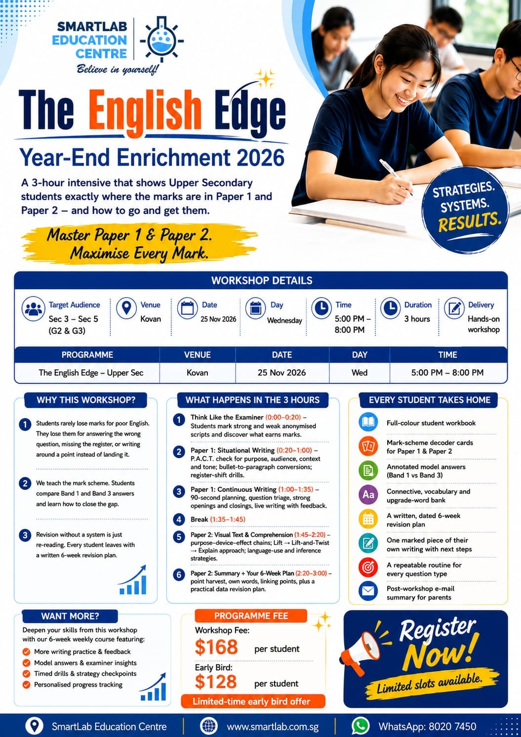 Holiday Enrichment Programme by SmartLab Education Centre Singapore featuring The English Edge 3-hour English workshop for Upper Secondary Sec 3–Sec 5 students to improve Paper 1 and Paper 2 exam writing, comprehension and revision strategies.