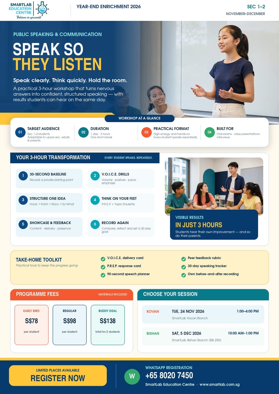 Holiday Enrichment Programme by SmartLab Education Centre Singapore featuring a 3-hour Public Speaking and Communication workshop for Sec 1–2 students to build confidence, presentation skills, clear speaking and interview communication.