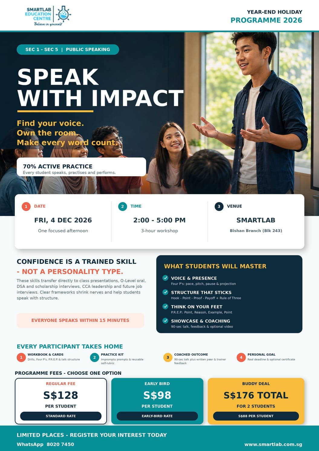Holiday Enrichment Programme by SmartLab Education Centre Singapore featuring the Speak with Impact public speaking workshop for Sec 1–Sec 5 students to build confidence, presentation skills, structured speaking and interview communication.
