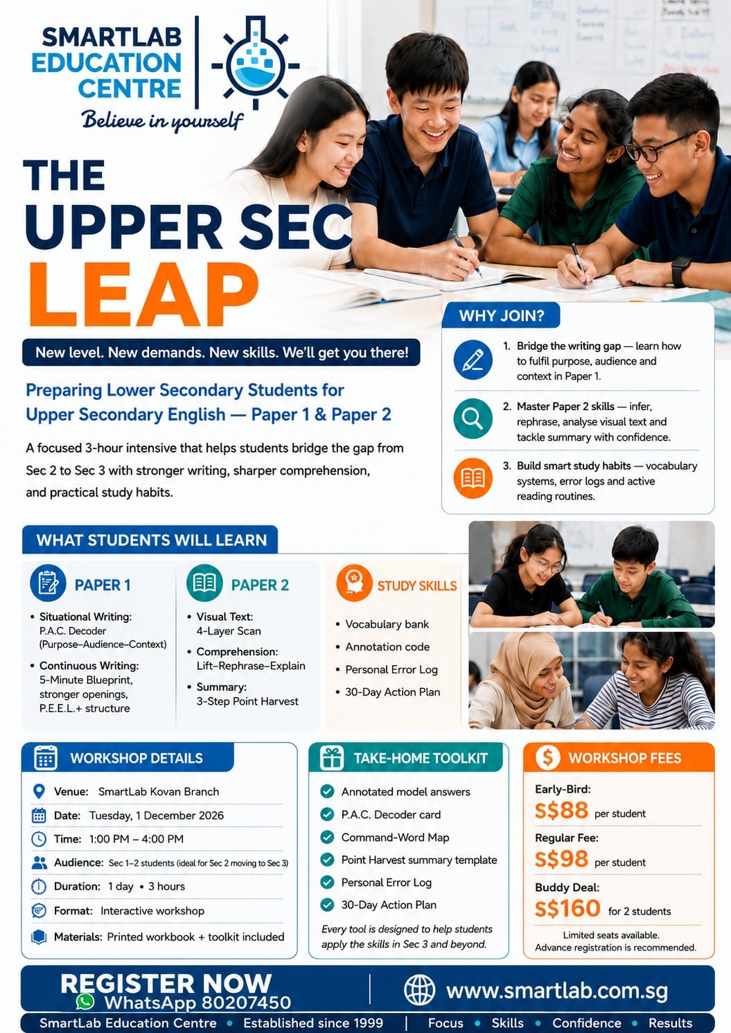 Holiday Enrichment Programme by SmartLab Education Centre Singapore featuring The Upper Sec Leap 3-hour English workshop for Sec 1–2 students preparing for Upper Secondary Paper 1 and Paper 2 with writing, comprehension and study skills.