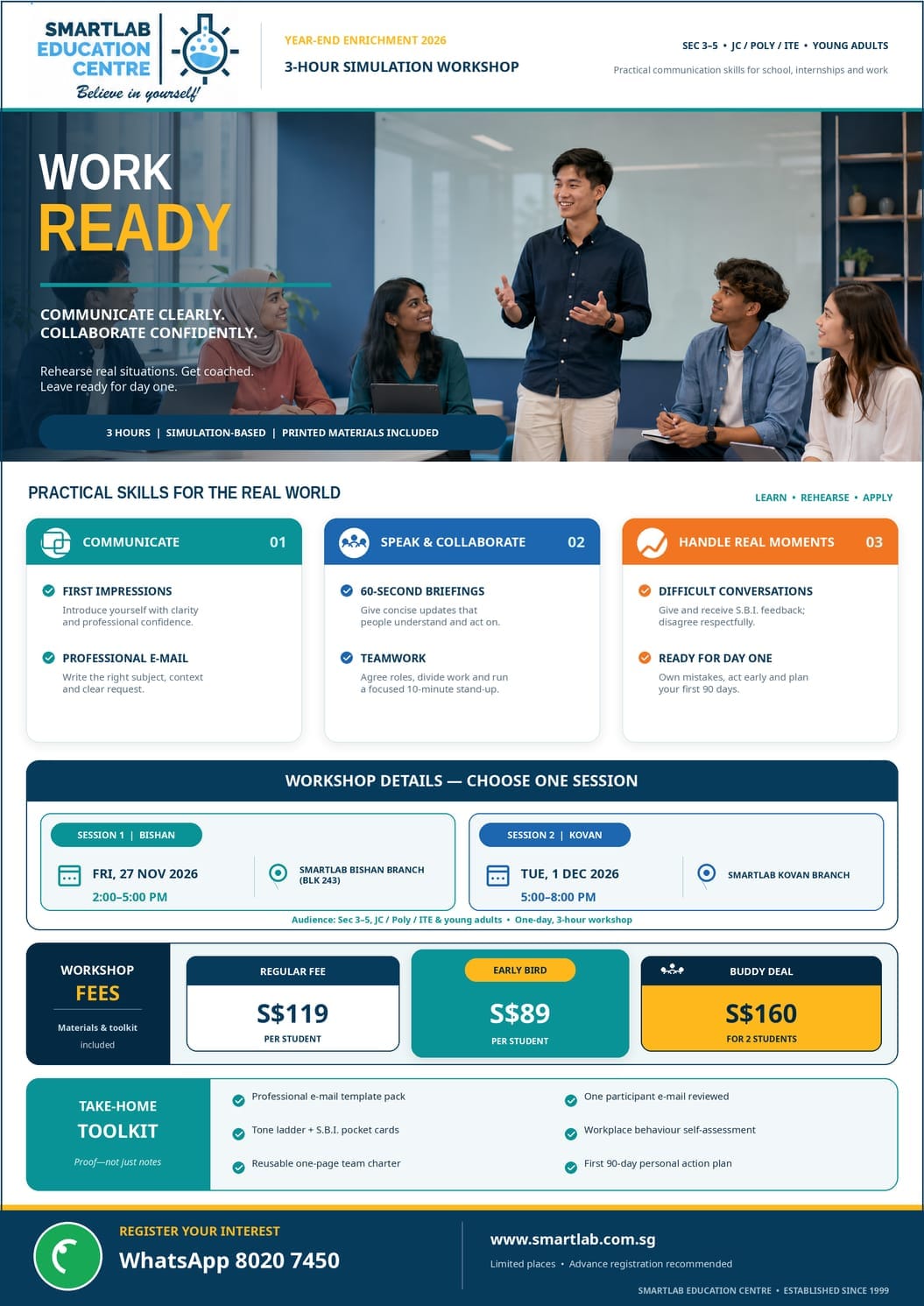 y SmartLab Education Centre Singapore featuring a 3-hour Work Ready simulation workshop for Sec 3–5, JC, Poly, ITE and young adults with communication, teamwork and workplace skills training.